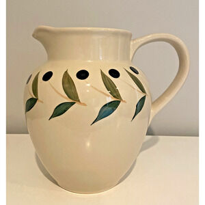 Ceramic Off White Pitcher, Olive Design, 8"H